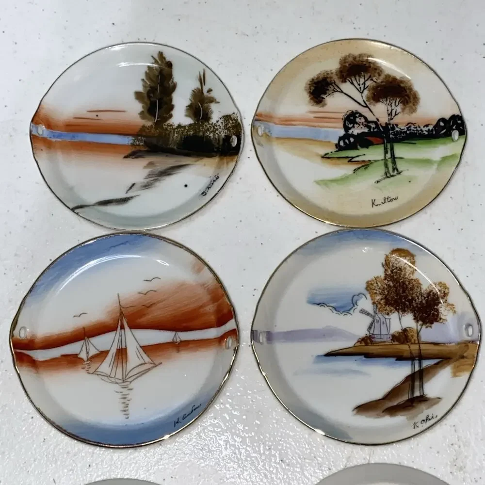 Vtg Lenwile Ardalt Hand Painted 3.5” Coasters With Caddy Occupied Japan Set Of 8